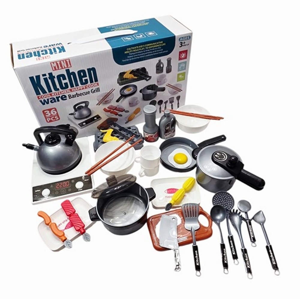 36pcs Kids Mini Kitchen Playset Cooking BBQ Grill Toy Set w/ Accessories
